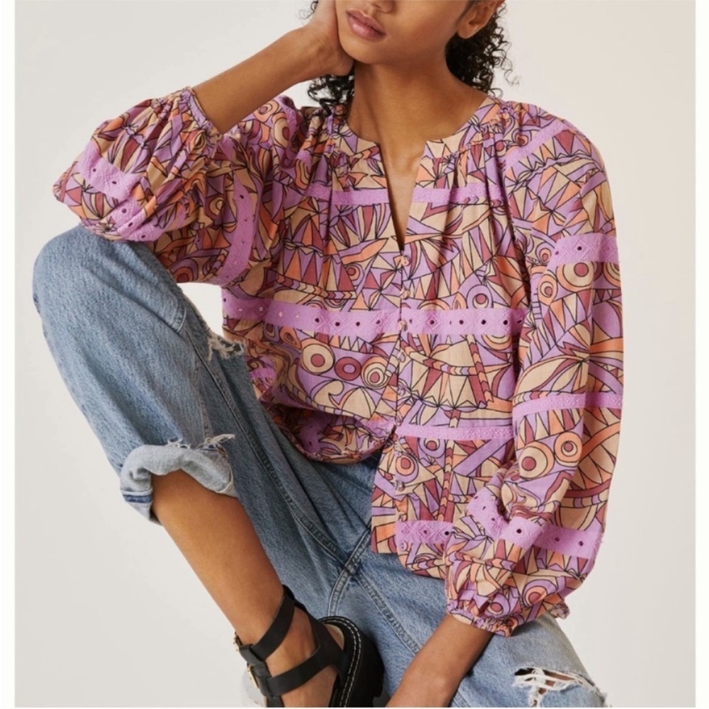 Anthropologie LET ME BE Lace Blouse 100% Cotton Boho Purple Motif, size XS NWOT